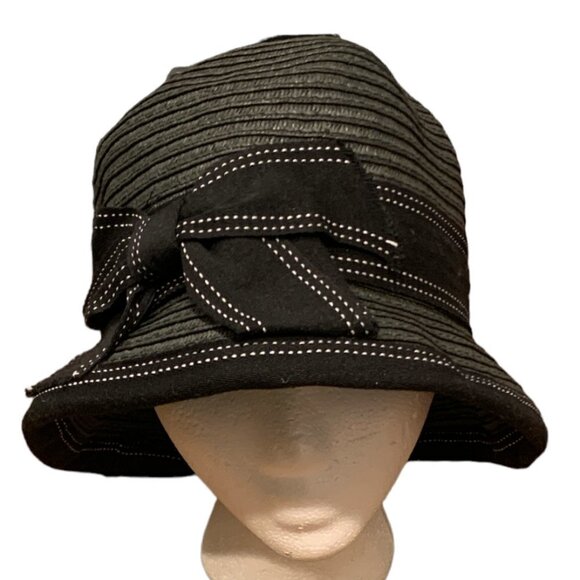 Women's Cloche Hat with Bow Black Paper Woven Foldable Packable 119E - Picture 3 of 10